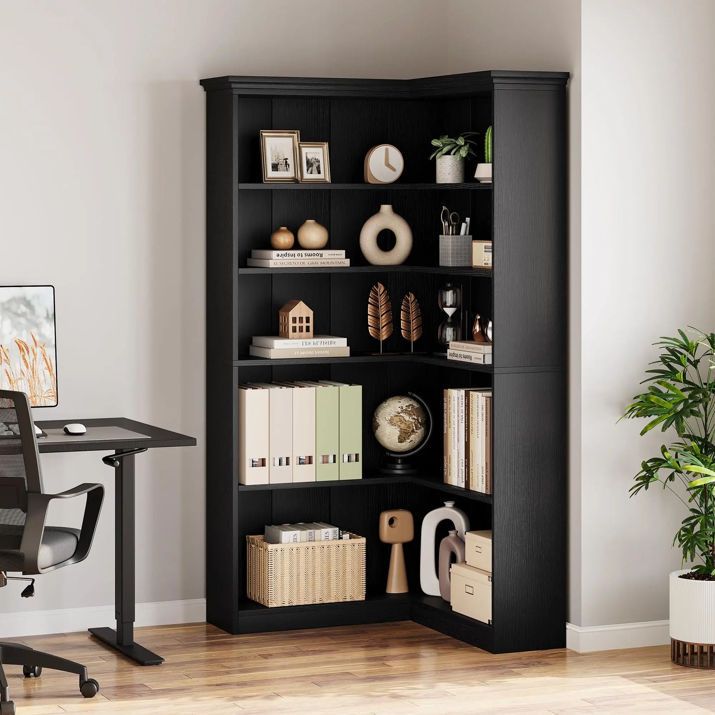 L-Shaped Corner 5-Tier Farmhouse Wooden Bookshelf Open Storage Display Shelf 72.8"