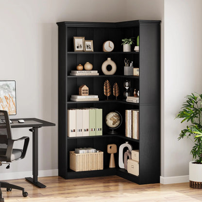 L-Shaped Corner 5-Tier Farmhouse Wooden Bookshelf Open Storage Display Shelf 72.8"