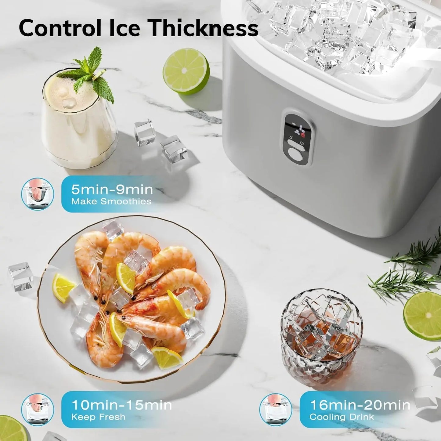 Countertop Ice Maker Machine Self-Cleaning with Basket Scoop 30lbs/24Hrs, 3 Ice Cube Settings, 16Pcs/13 Mins