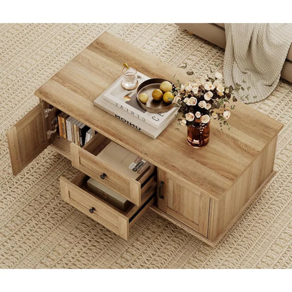Rustic Wooden Farmhouse Coffee Table with Storage Cabinet