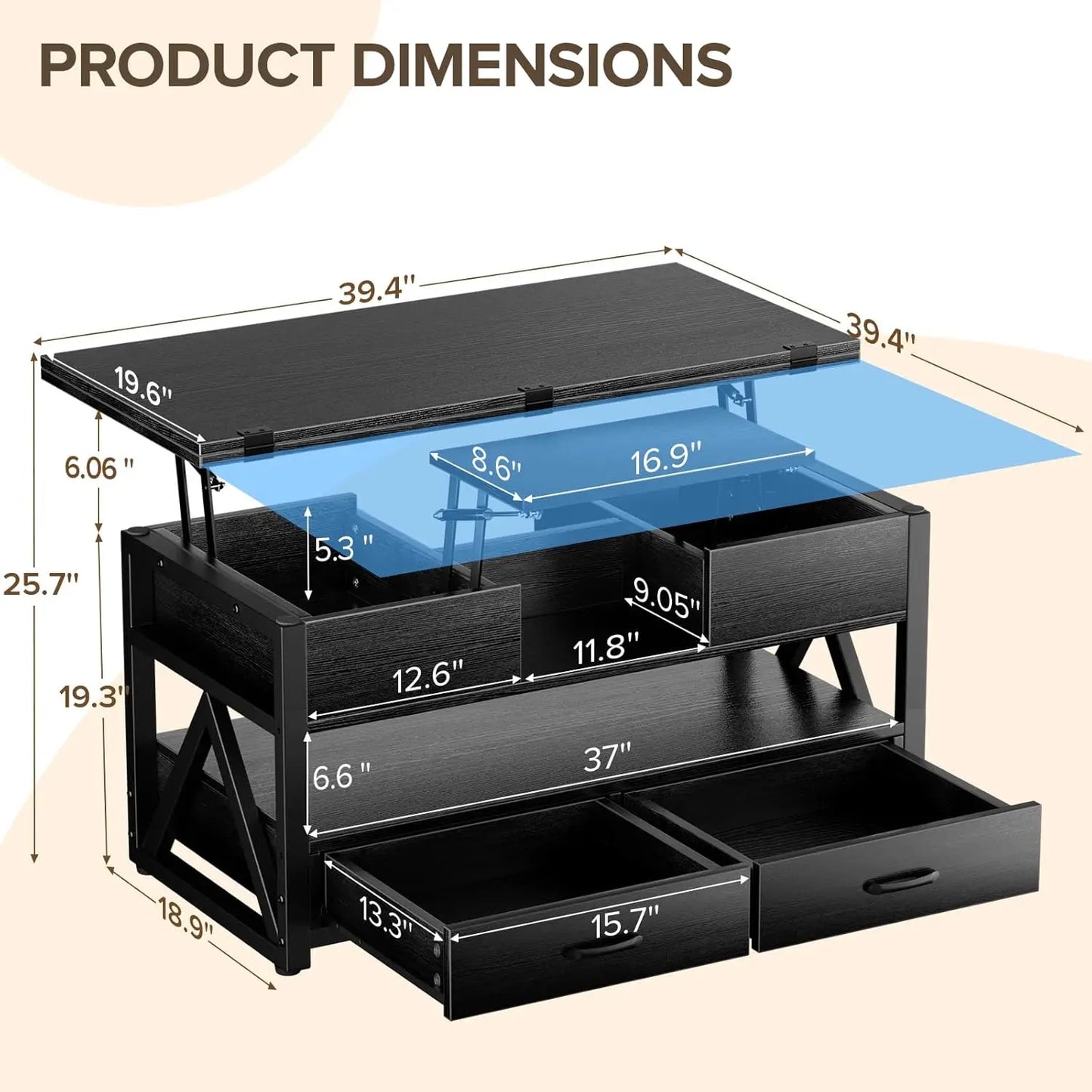 40" Farmhouse Multi-Function 4 in 1 Lift Coffee Table w/ Storage Drawers and Hidden Compartment
