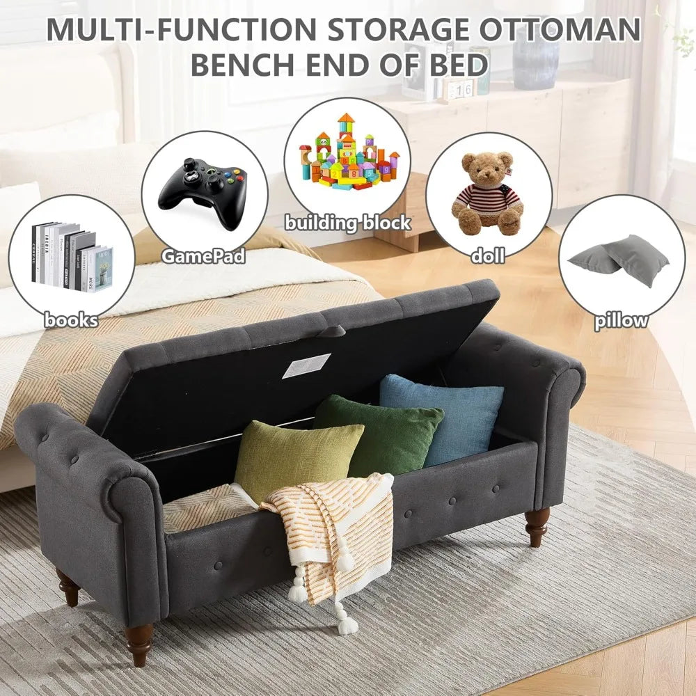 Upholstered King Size Ottoman End of Bed Bench 63" Rolled Arms and Legs
