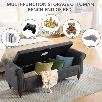 Upholstered King Size Ottoman End of Bed Bench 63" Rolled Arms and Legs