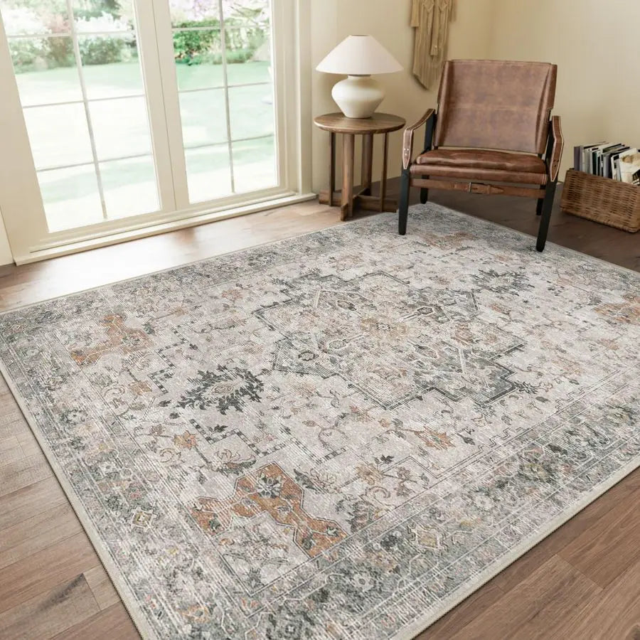Vintage Chenille Print Area Rugs Non Slip Machine Washable Lightweight 5x7'