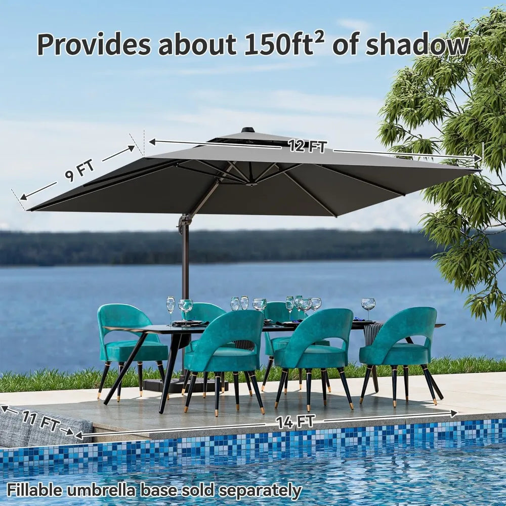 360° Rotation Heavy Duty Cantilever Patio Umbrella Double Layer Offset Design Large Rectangle 9x12 Ft