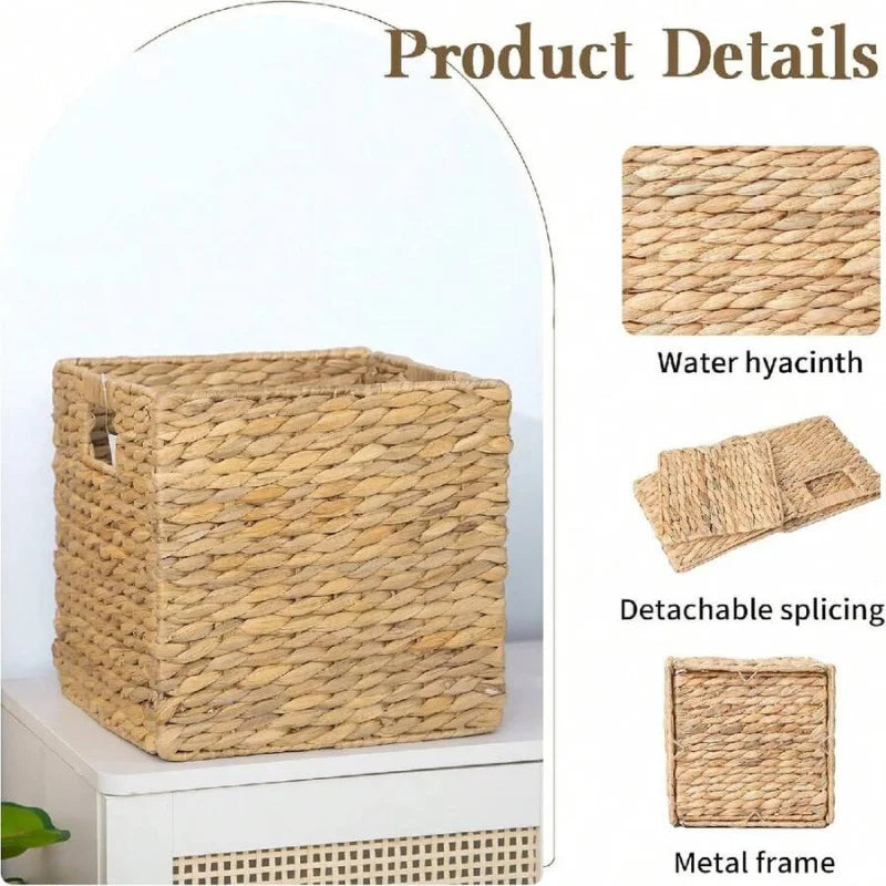Handwoven Square Foldable Wicker Storage Basket Bin with Built-In Handles for Shelves & Organizing