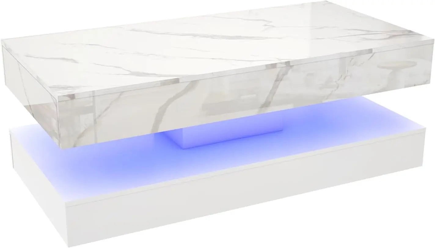 Modern Stylish Double-Layer Design Coffee Table with LED Lights 2 Storage Drawers