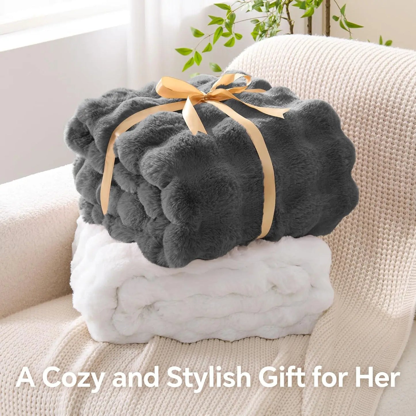 Faux Rabbit Fleece Throw Blanket for Bedroom Living Room