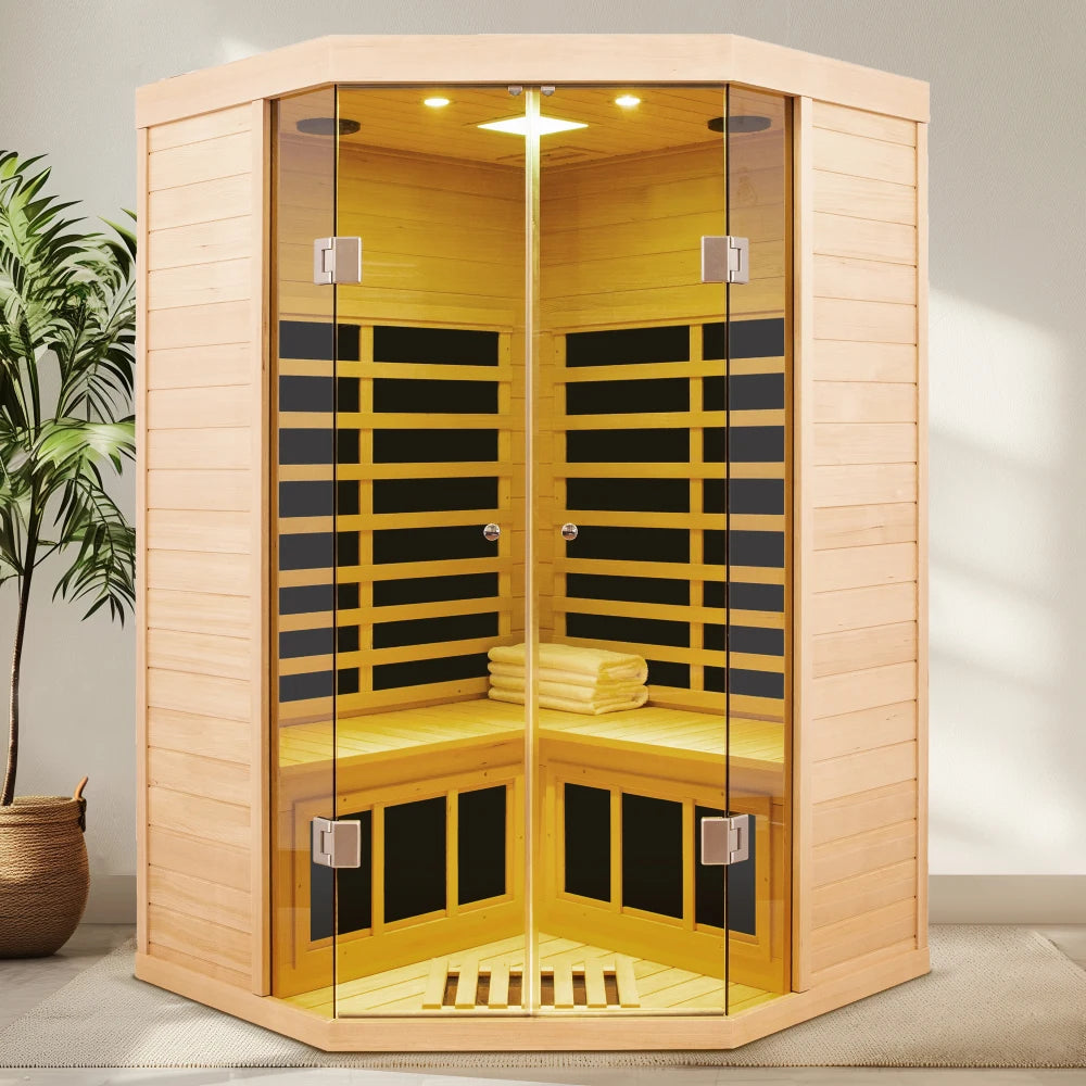 Hemlock Indoor Infrared Corner Sauna Large Glass Front 2 Person
