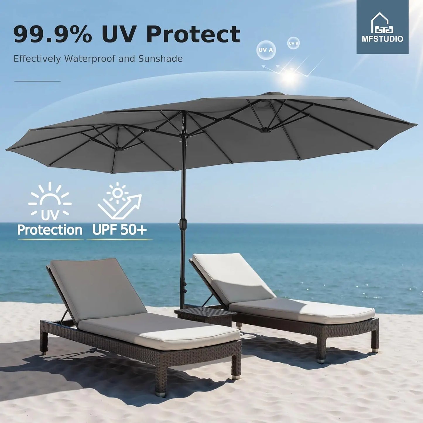 Large Double Sided Outdoor Rectangular Patio Umbrella Base Included Crank Handle 15 Ft