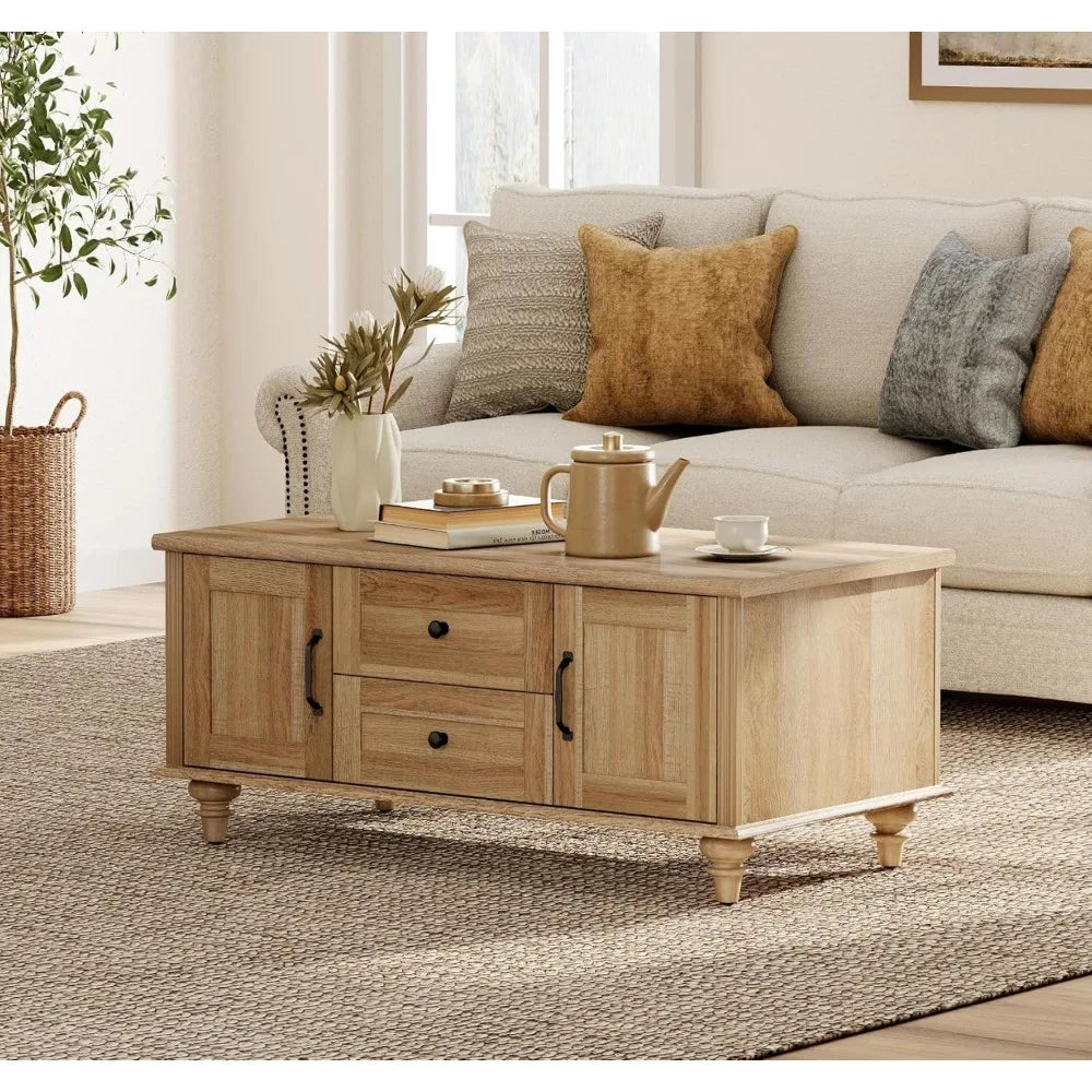 Rustic Wooden Farmhouse Coffee Table with Storage Cabinet