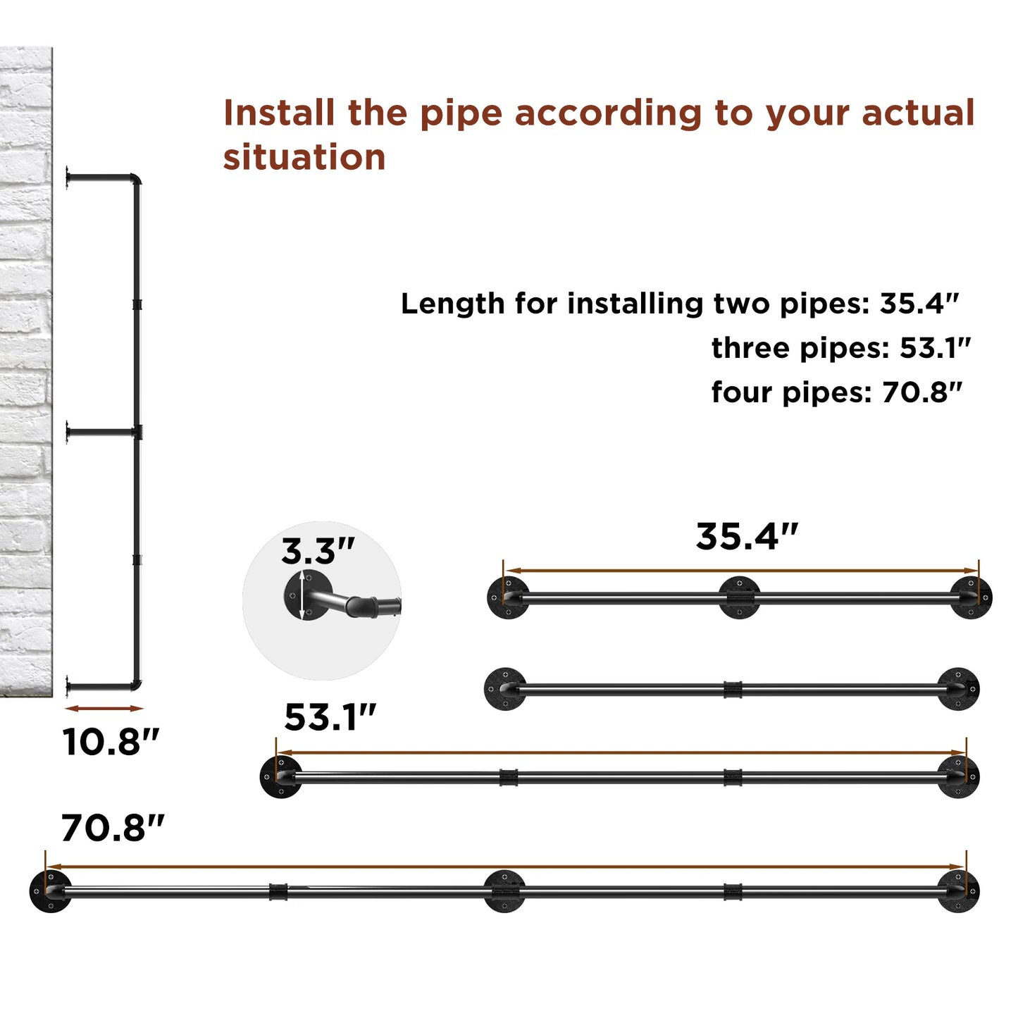 Wall Mounted Industrial Garment Hanging Rod Closet Storage 70.8 Inch