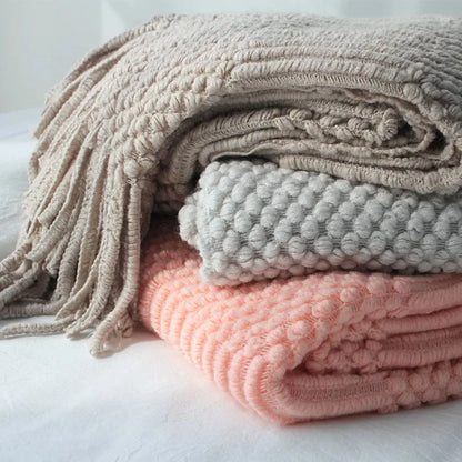 Oversized Vintage Farmhouse Knitted Throw Blanket with Tassels