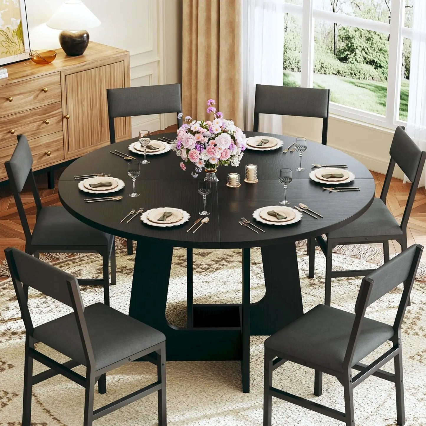 Round Space Saving Dining Table Set 6 Chairs Wood Base 47"