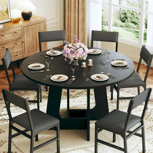 Round Space Saving Dining Table Set 6 Chairs Wood Base 47"
