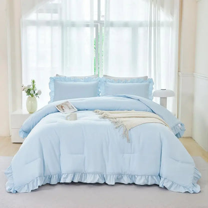 Ruffled Farmhouse Light Blue Twin Comforter Set Girls Bed in A Bag Solid Boho Bedding 5 Pieces