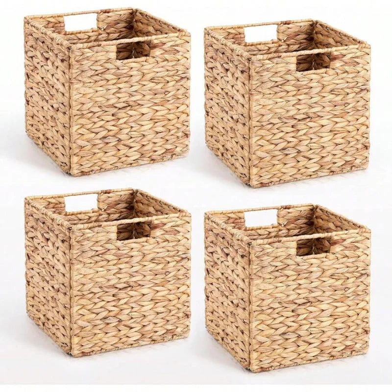 Handwoven Square Foldable Wicker Storage Basket Bin with Built-In Handles for Shelves & Organizing