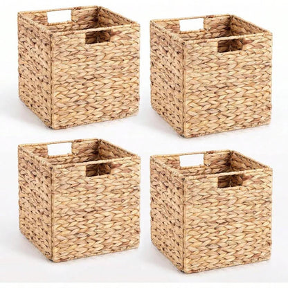 Handwoven Square Foldable Wicker Storage Basket Bin with Built-In Handles for Shelves & Organizing
