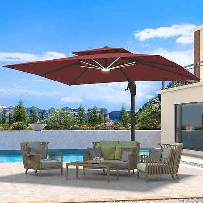 Heavy Duty Windproof Double Top Cantilever Patio Umbrella with LED Lights 10x13 Ft