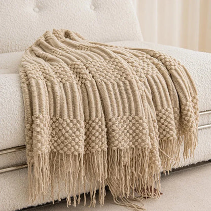 Oversized Vintage Farmhouse Knitted Throw Blanket with Tassels
