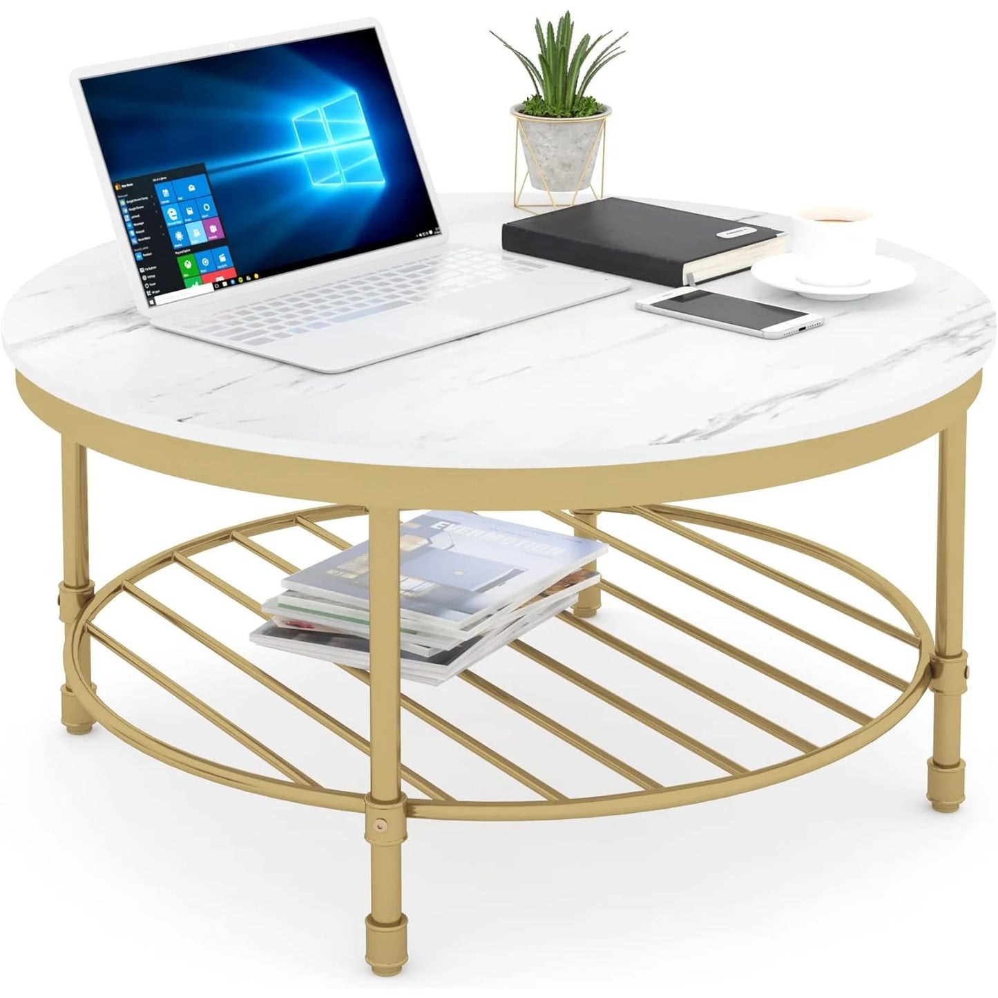 2-Tier Industrial Round Coffee Table Open Shelf Storage Marble White Gold Frame