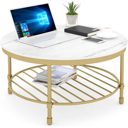 2-Tier Industrial Round Coffee Table Open Shelf Storage Marble White Gold Frame