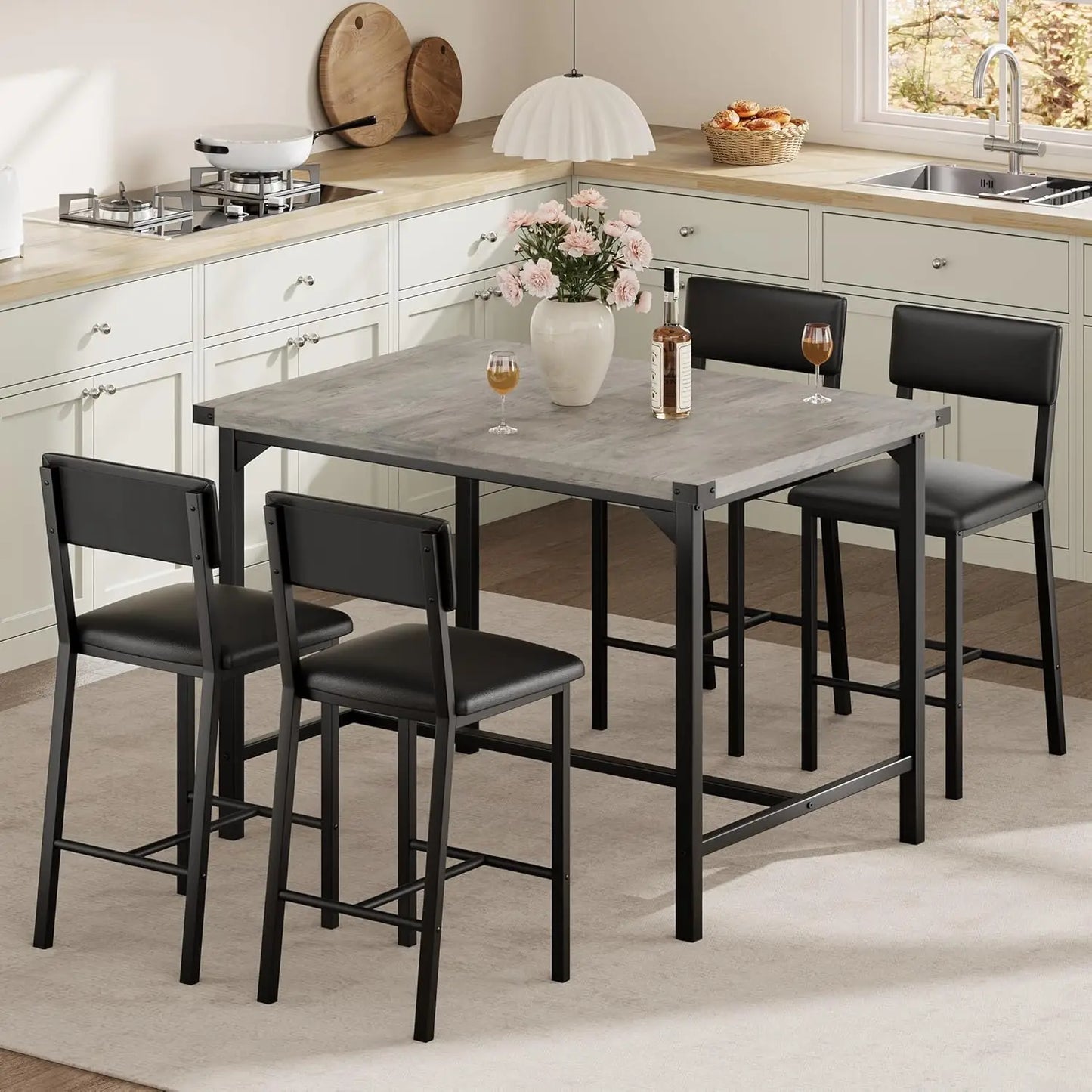5-Piece Bar/Pub Dining Table Set 4 Upholstered Chairs