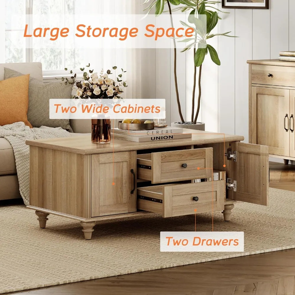 Rustic Wooden Farmhouse Coffee Table with Storage Cabinet