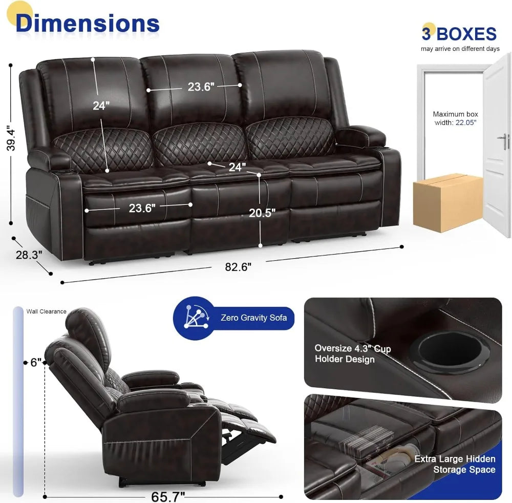 Leather Recliner Sofa with Liftable Console USB Ports Cup Holders 3 Seat