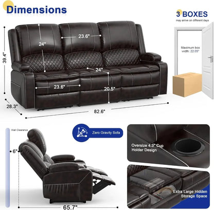 Leather Recliner Sofa with Liftable Console USB Ports Cup Holders 3 Seat