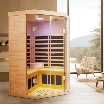 Hemlock Indoor Infrared Corner Sauna Large Glass Front 2 Person