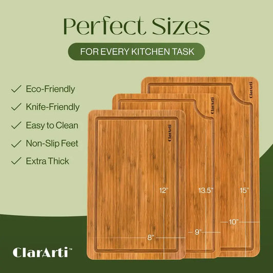 Non-Slip Bamboo Cutting Boards Juice Groove Non-Toxic Set of 3