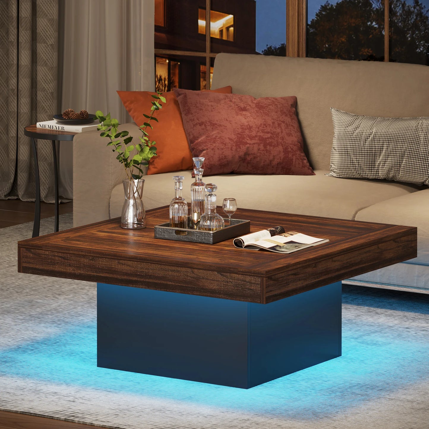 Rustic Low Square Coffee Table Square LED Engineered Wood