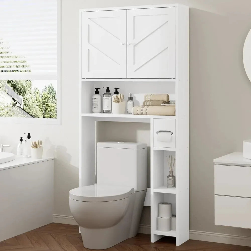 Over the Toilet Bathroom Storage Cabinet with Toilet Paper Holder Stand Freestanding Cabinet Space Saver