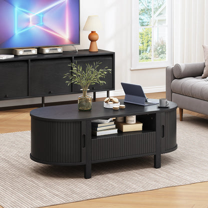 Mid-Century Modern Fluted Oval Coffee Table 47" with Cabinets Sliding Doors