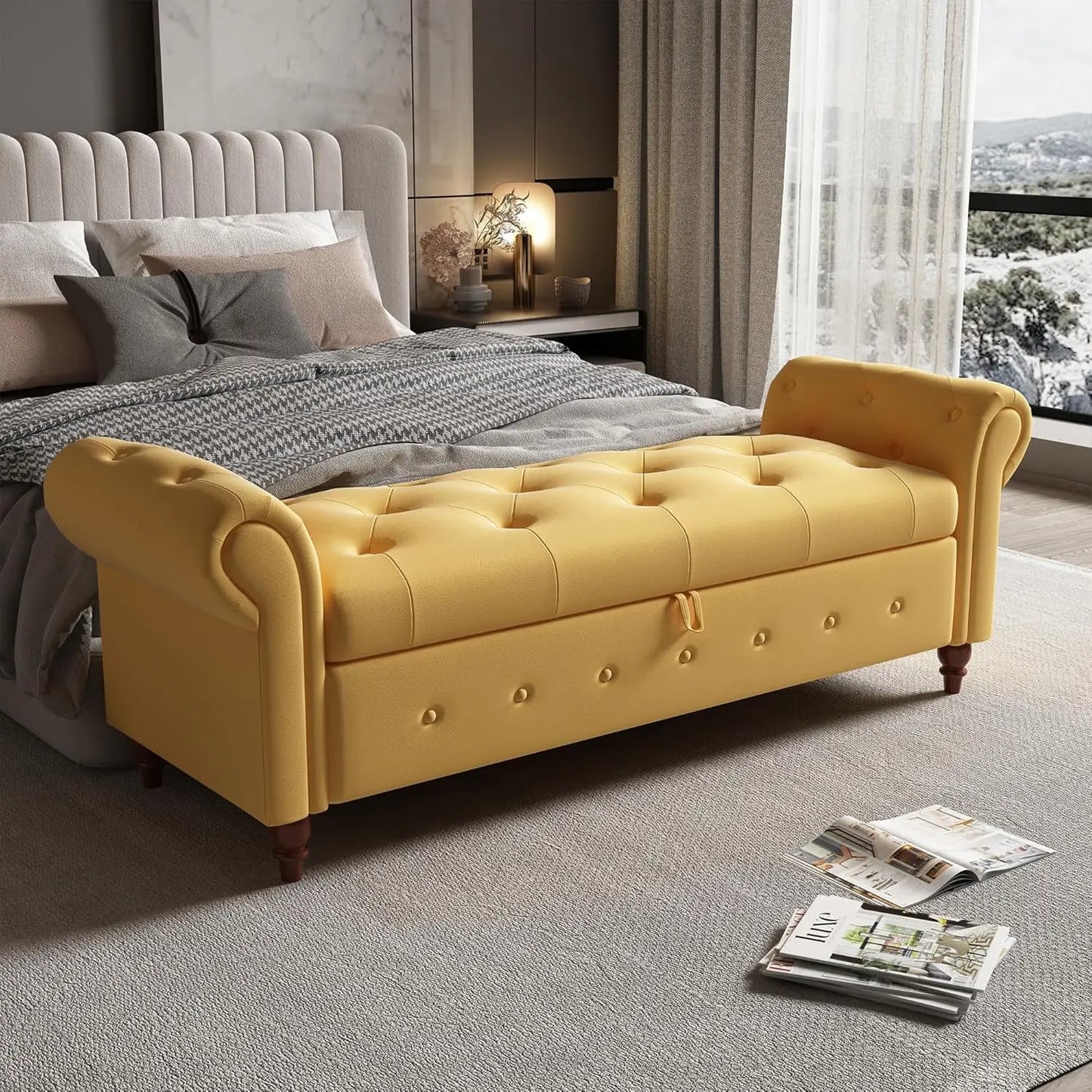 Upholstered King Size Ottoman End of Bed Bench 63" Rolled Arms and Legs