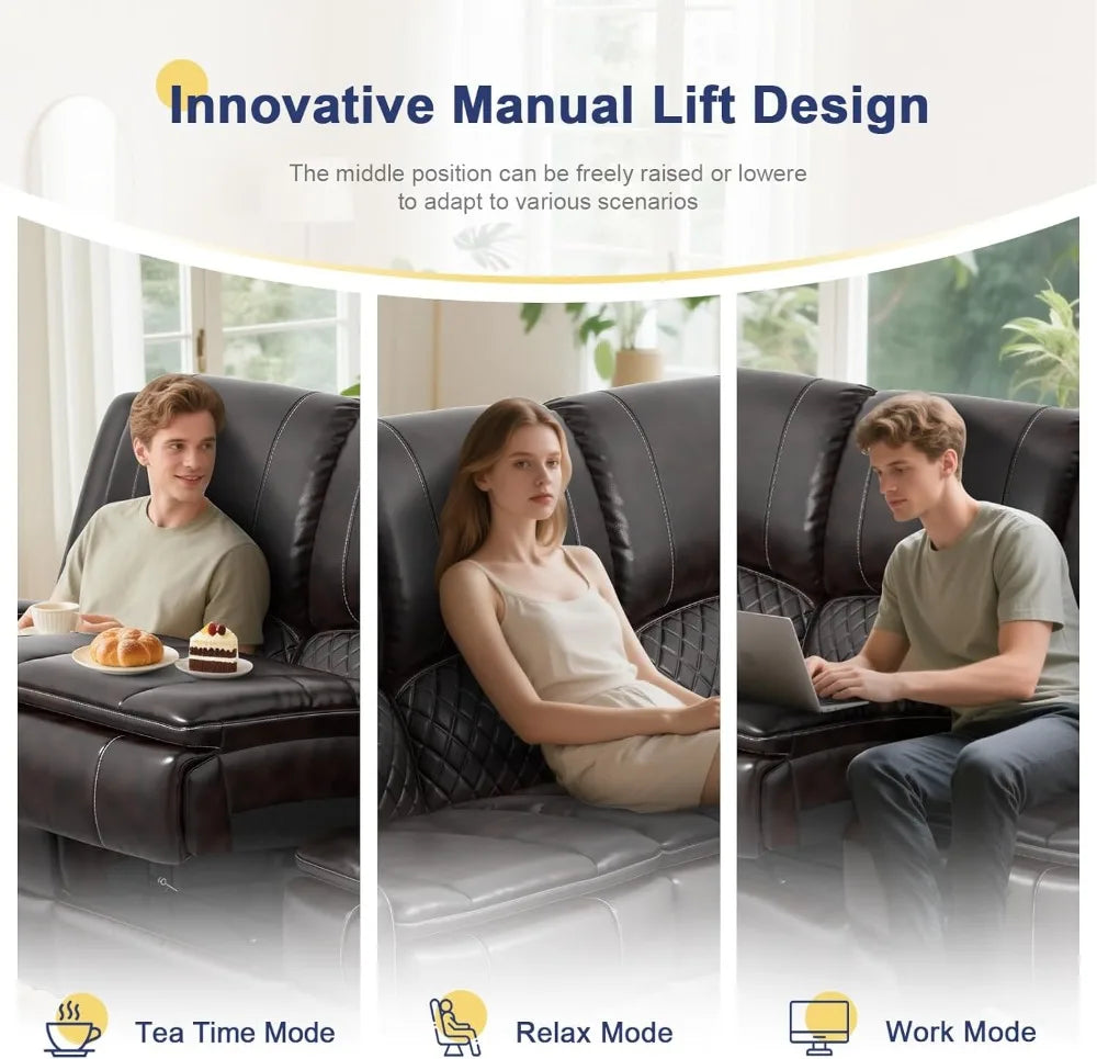 Leather Recliner Sofa with Liftable Console USB Ports Cup Holders 3 Seat
