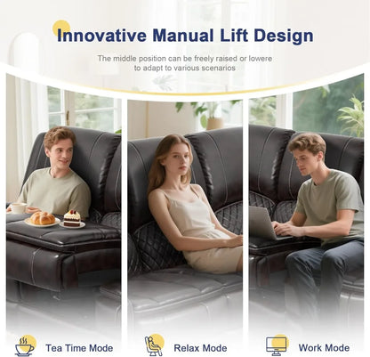 Leather Recliner Sofa with Liftable Console USB Ports Cup Holders 3 Seat