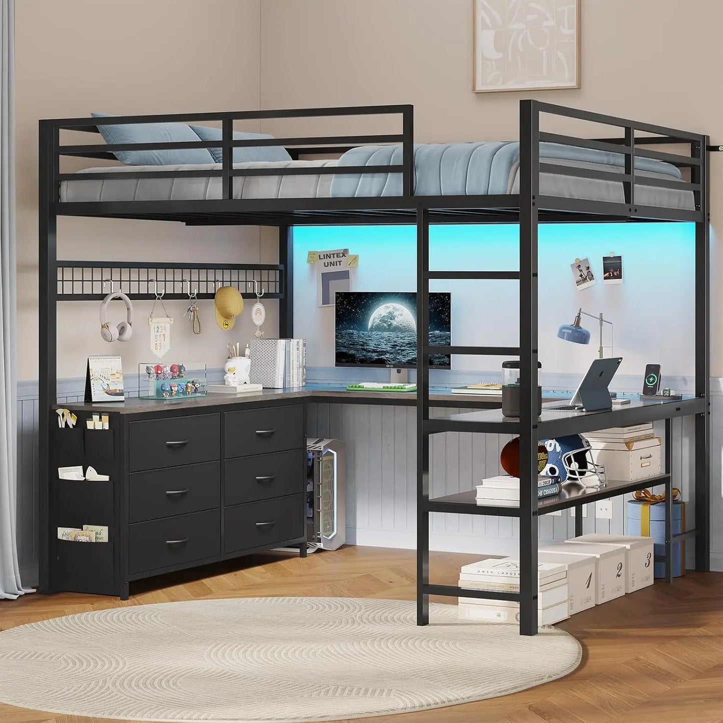 Metal Loft Full Size Bed with U-Shaped Desk 6 Storage Drawers Power Outlet LED