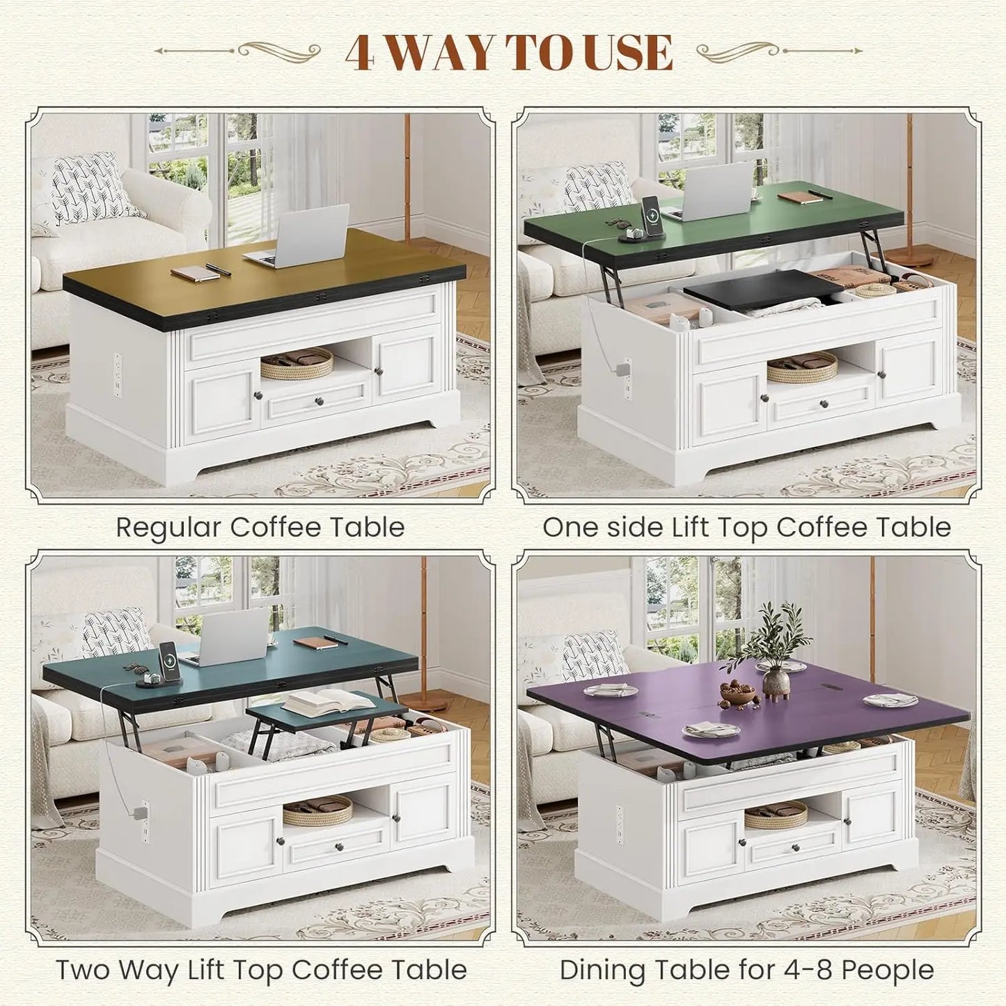 Multi-Function Lift Top Coffee Table with Storage Power Outlets Hidden Compartment