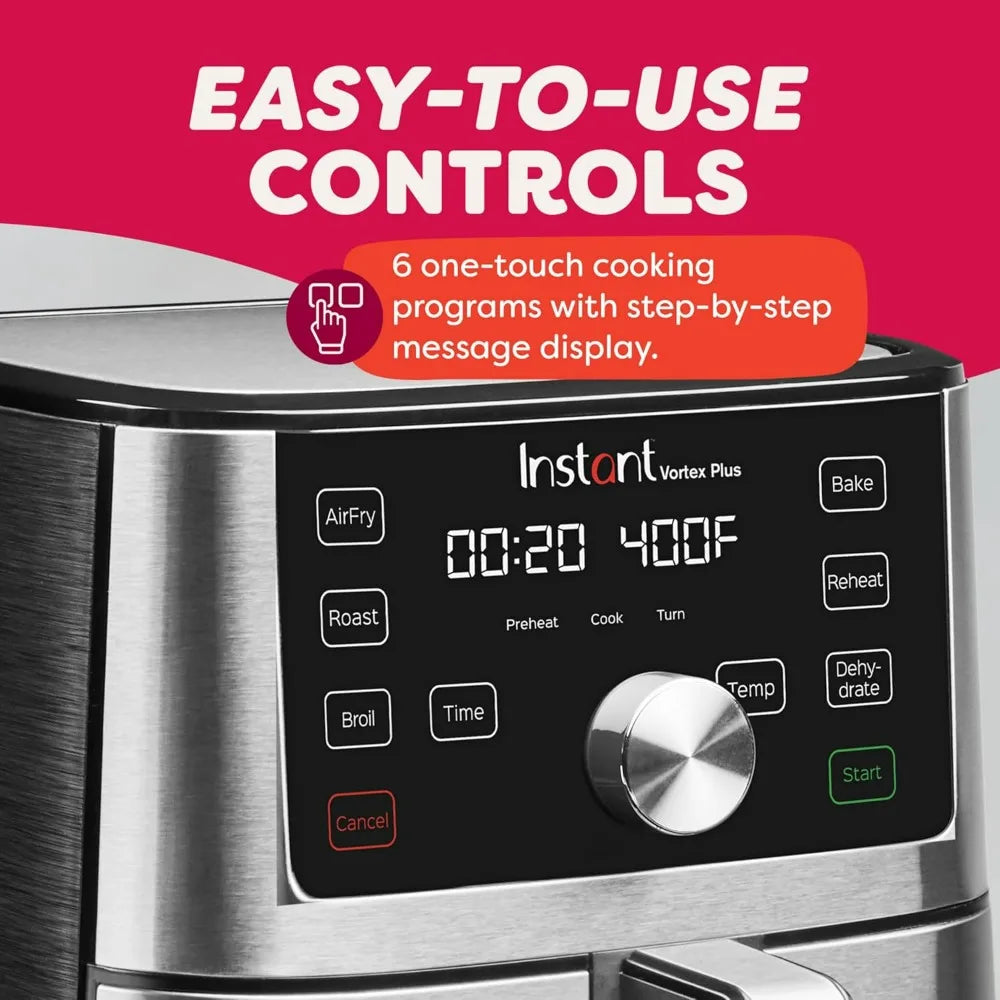 Instant Pot Vortex Plus XL Air Fryer 6QT, 6-in-1 Broils Dehydrates Crisps Quick Easy Meals 100+ In-App Recipes Dishwasher Safe