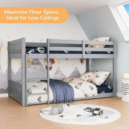 Twin Bunk Bed with Guardrails Ladder for Kids No Box Spring Required