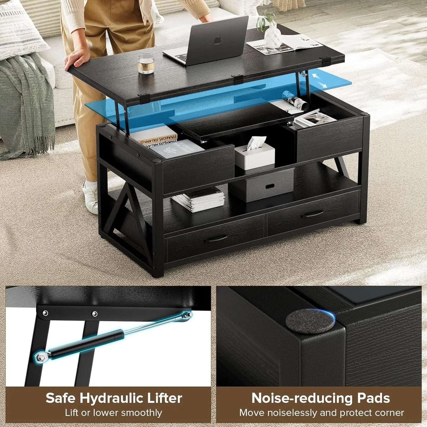 40" Farmhouse Multi-Function 4 in 1 Lift Coffee Table w/ Storage Drawers and Hidden Compartment