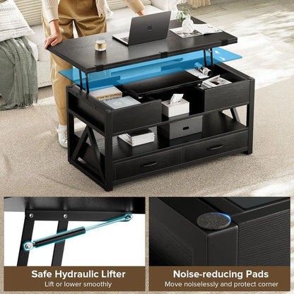 40" Farmhouse Multi-Function 4 in 1 Lift Coffee Table w/ Storage Drawers and Hidden Compartment