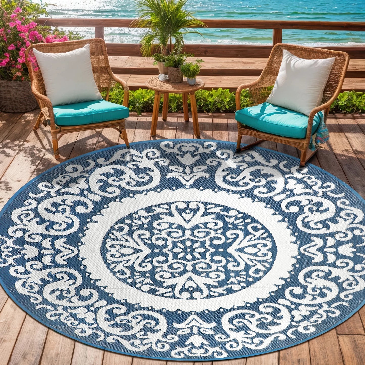 Round Outdoor Reversible Lightweight Plastic Straw Patio Rug 8Ft