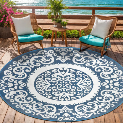 Round Outdoor Reversible Lightweight Plastic Straw Patio Rug 8Ft