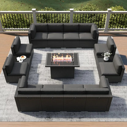 Outdoor Patio Conversion Wicker Rattan Sectional Sofa Set with Fire Pit Table 15Pcs