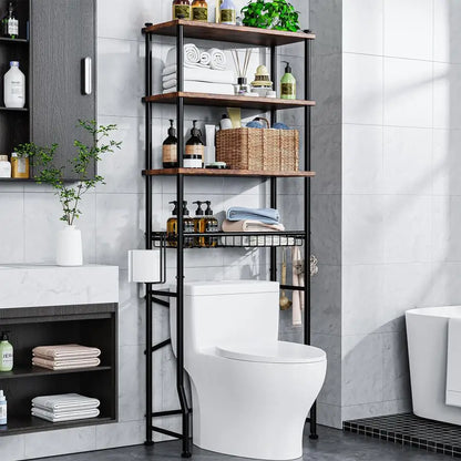 4-Tier Over the Toilet Bathroom Storage Shelf Waterproof Feet Pad and Basket