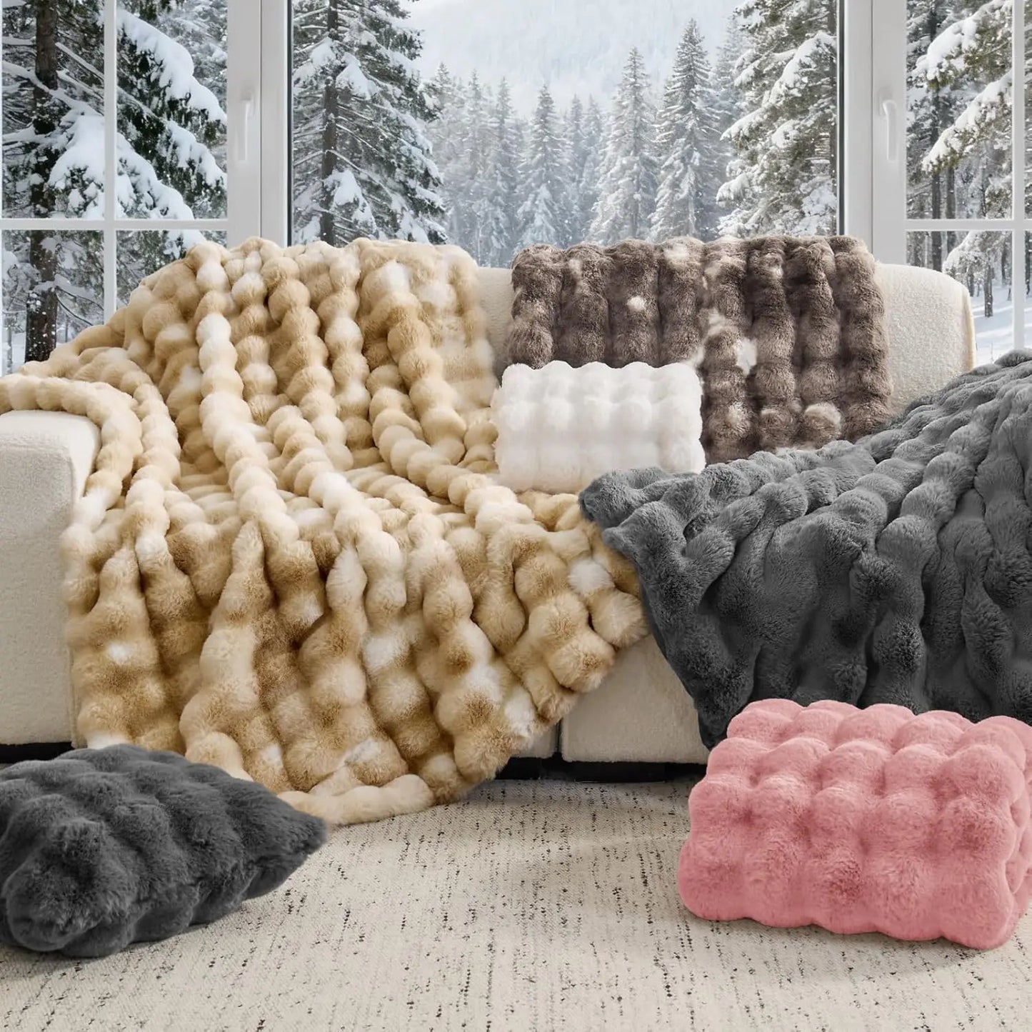 Faux Rabbit Fleece Throw Blanket for Bedroom Living Room