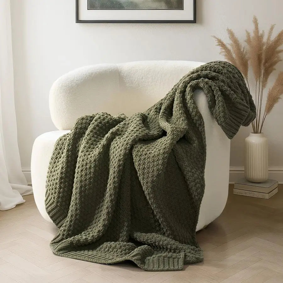 Chenille Knitted Decorative Farmhouse Throw Blanket Soft Luxurious Moss Stitch Blankets for Bed, Couch